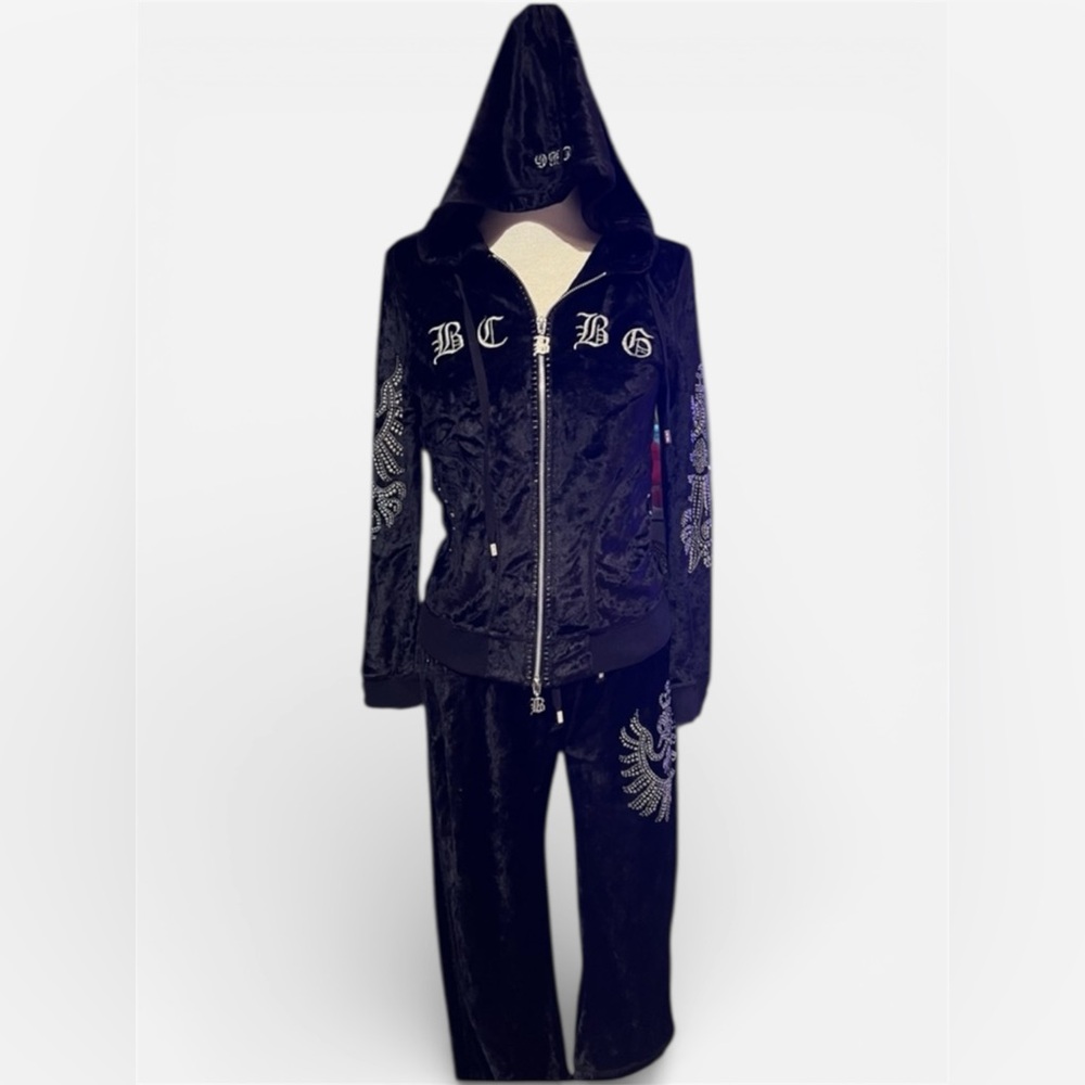 BCBGMaxAzria  Y2K 90s black rhinestone silver embellished Velour Track Suit M